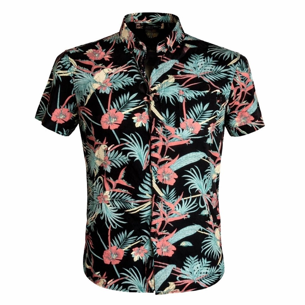 Molokai Surf Co‎ Hawaiian Aloha Shirt Medium Flowers Birds Black Orange Green